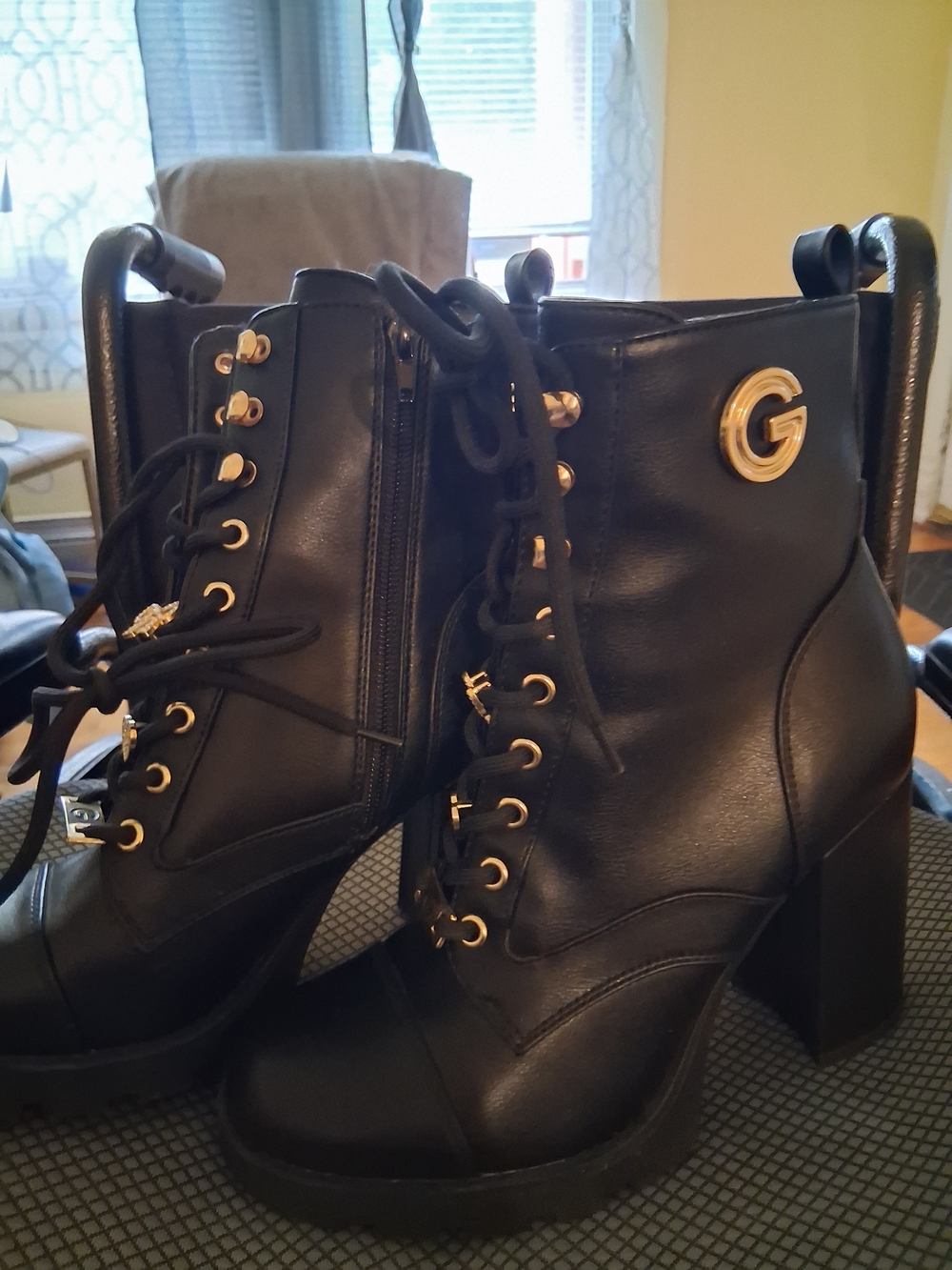 GBG Los Angeles Black Lace-Up Chunky Heel Ankle Boots with Gold Hardware